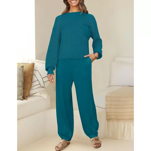 imageZESICA Womens 2 Piece Outfits Sweater Set Long Sleeve Mock Neck Knit Pullover Top High Waist Pant Tracksuit Lounge SetsTeal