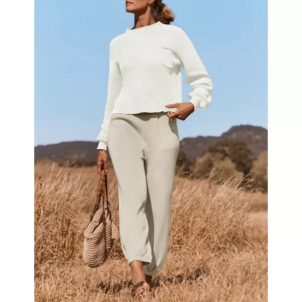 imageZESICA Womens 2 Piece Outfits Sweater Set Long Sleeve Mock Neck Knit Pullover Top High Waist Pant Tracksuit Lounge SetsWhite