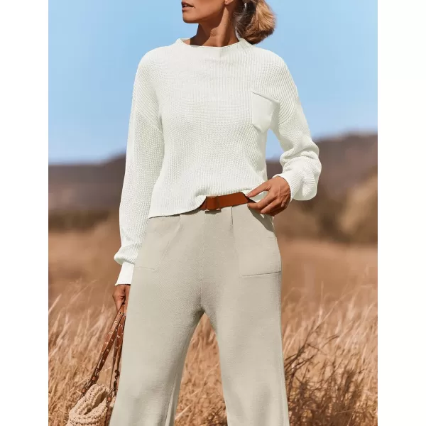 imageZESICA Womens 2 Piece Outfits Sweater Set Long Sleeve Mock Neck Knit Pullover Top High Waist Pant Tracksuit Lounge SetsWhite