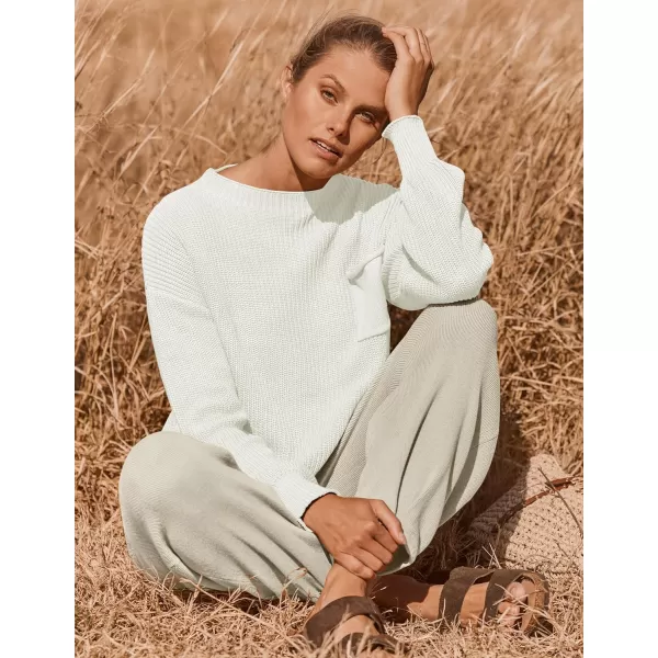 imageZESICA Womens 2 Piece Outfits Sweater Set Long Sleeve Mock Neck Knit Pullover Top High Waist Pant Tracksuit Lounge SetsWhite