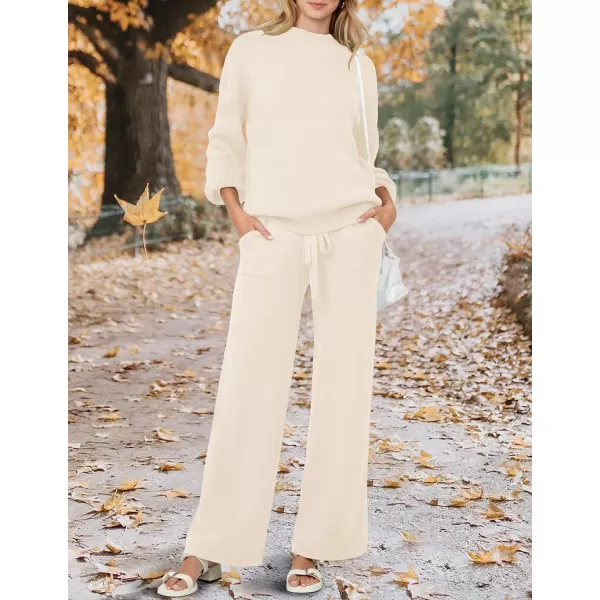 imageZESICA Womens 2 Piece Outfits Sweater Set Long Sleeve Mock Neck Knit Pullover and Wide Leg Pants Lounge Sets SweatsuitApricot