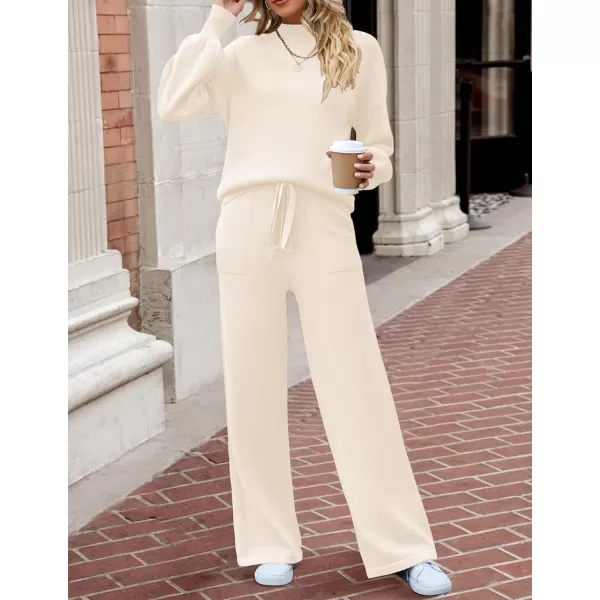 imageZESICA Womens 2 Piece Outfits Sweater Set Long Sleeve Mock Neck Knit Pullover and Wide Leg Pants Lounge Sets SweatsuitApricot