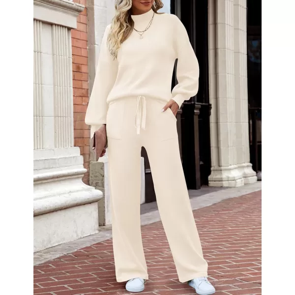 imageZESICA Womens 2 Piece Outfits Sweater Set Long Sleeve Mock Neck Knit Pullover and Wide Leg Pants Lounge Sets SweatsuitApricot