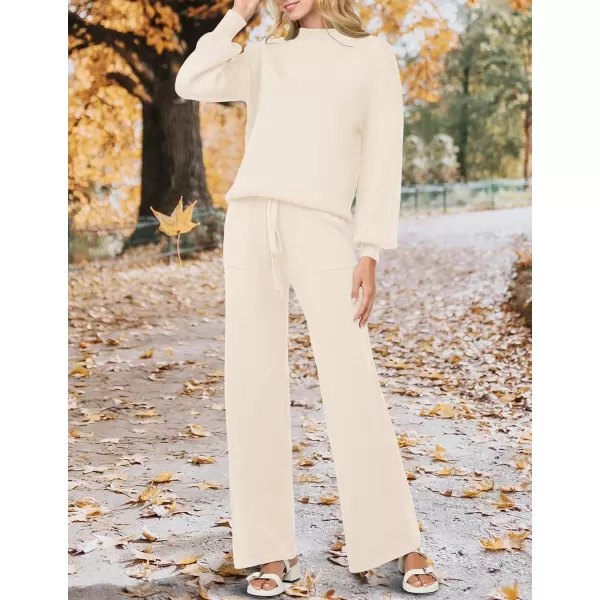imageZESICA Womens 2 Piece Outfits Sweater Set Long Sleeve Mock Neck Knit Pullover and Wide Leg Pants Lounge Sets SweatsuitApricot