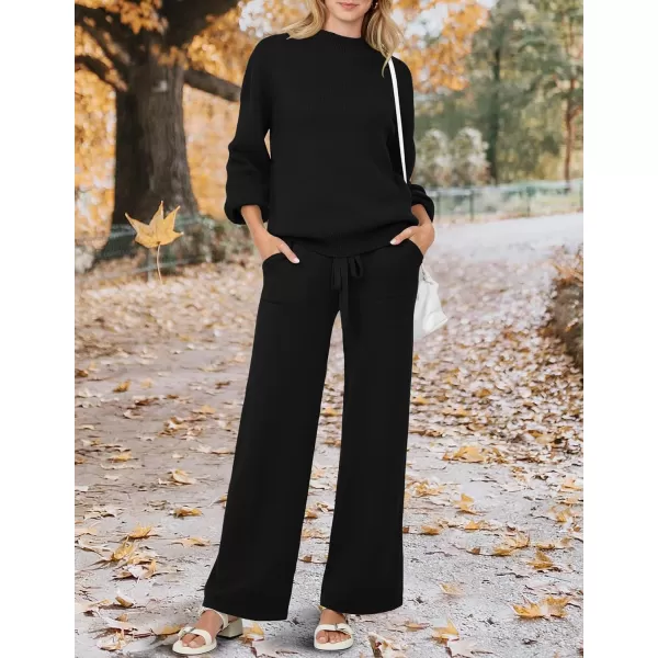 imageZESICA Womens 2 Piece Outfits Sweater Set Long Sleeve Mock Neck Knit Pullover and Wide Leg Pants Lounge Sets SweatsuitBlack