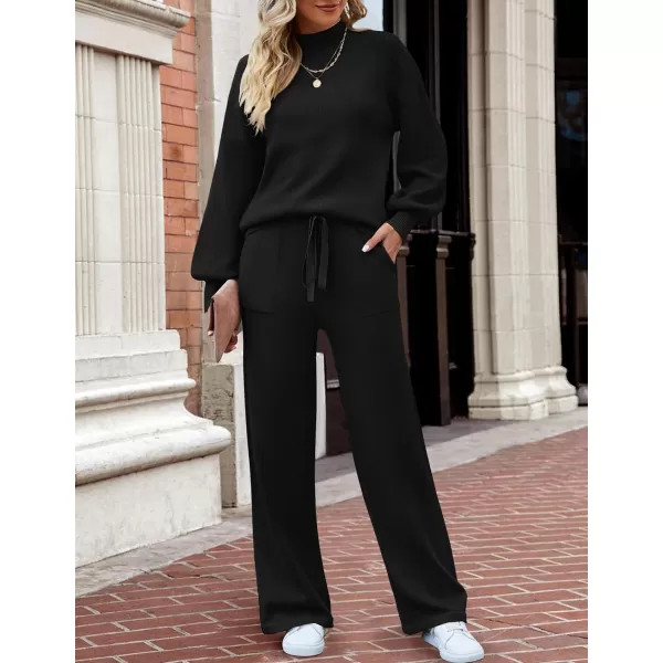 imageZESICA Womens 2 Piece Outfits Sweater Set Long Sleeve Mock Neck Knit Pullover and Wide Leg Pants Lounge Sets SweatsuitBlack