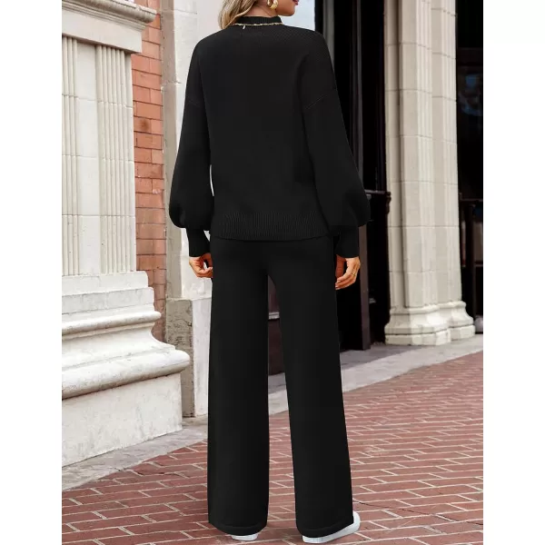 imageZESICA Womens 2 Piece Outfits Sweater Set Long Sleeve Mock Neck Knit Pullover and Wide Leg Pants Lounge Sets SweatsuitBlack
