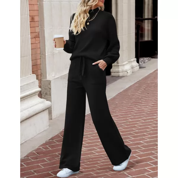 imageZESICA Womens 2 Piece Outfits Sweater Set Long Sleeve Mock Neck Knit Pullover and Wide Leg Pants Lounge Sets SweatsuitBlack