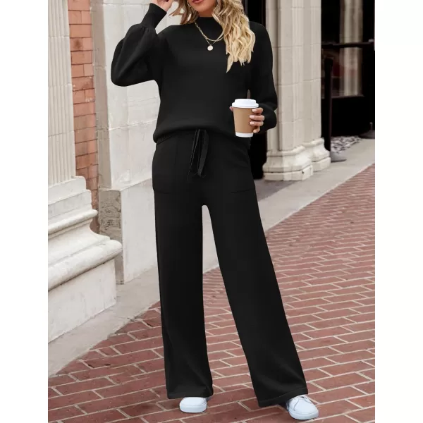 imageZESICA Womens 2 Piece Outfits Sweater Set Long Sleeve Mock Neck Knit Pullover and Wide Leg Pants Lounge Sets SweatsuitBlack