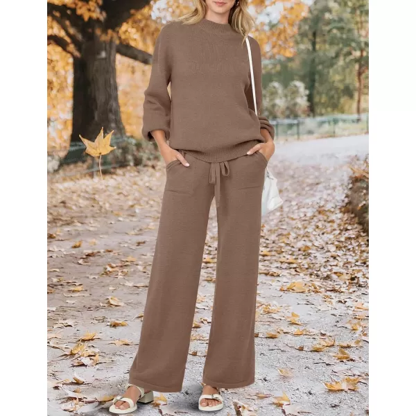 imageZESICA Womens 2 Piece Outfits Sweater Set Long Sleeve Mock Neck Knit Pullover and Wide Leg Pants Lounge Sets SweatsuitBrown
