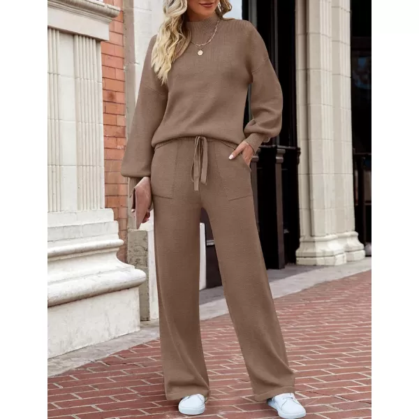 imageZESICA Womens 2 Piece Outfits Sweater Set Long Sleeve Mock Neck Knit Pullover and Wide Leg Pants Lounge Sets SweatsuitBrown