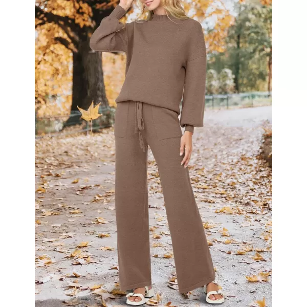 imageZESICA Womens 2 Piece Outfits Sweater Set Long Sleeve Mock Neck Knit Pullover and Wide Leg Pants Lounge Sets SweatsuitBrown