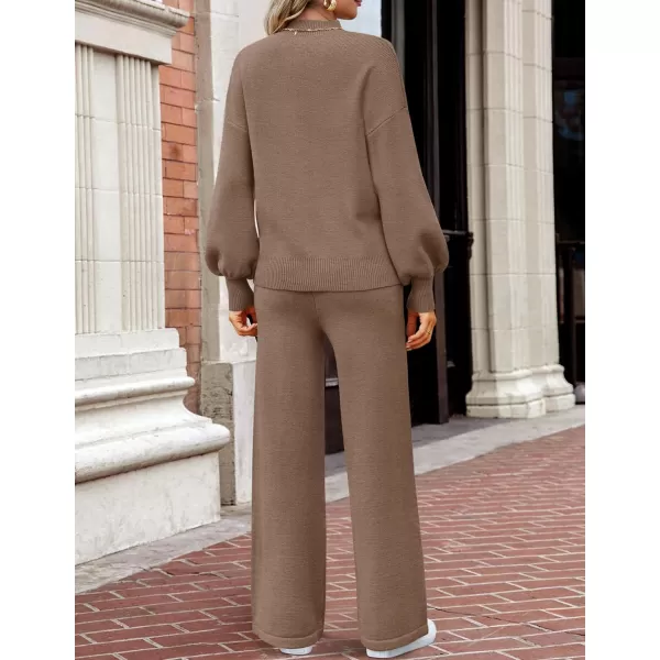 imageZESICA Womens 2 Piece Outfits Sweater Set Long Sleeve Mock Neck Knit Pullover and Wide Leg Pants Lounge Sets SweatsuitBrown