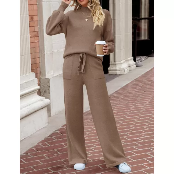 imageZESICA Womens 2 Piece Outfits Sweater Set Long Sleeve Mock Neck Knit Pullover and Wide Leg Pants Lounge Sets SweatsuitBrown