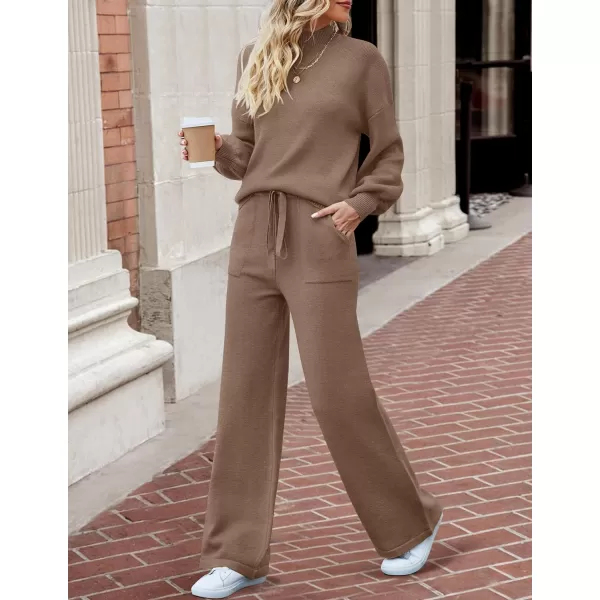 imageZESICA Womens 2 Piece Outfits Sweater Set Long Sleeve Mock Neck Knit Pullover and Wide Leg Pants Lounge Sets SweatsuitBrown