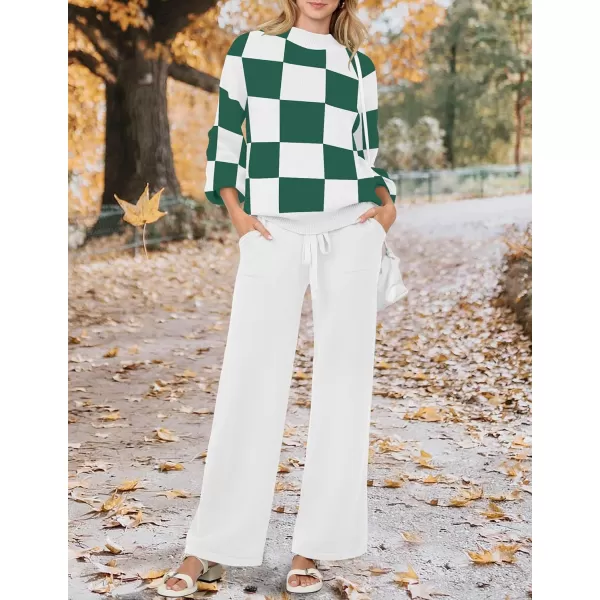 imageZESICA Womens 2 Piece Outfits Sweater Set Long Sleeve Mock Neck Knit Pullover and Wide Leg Pants Lounge Sets SweatsuitGreenplaid