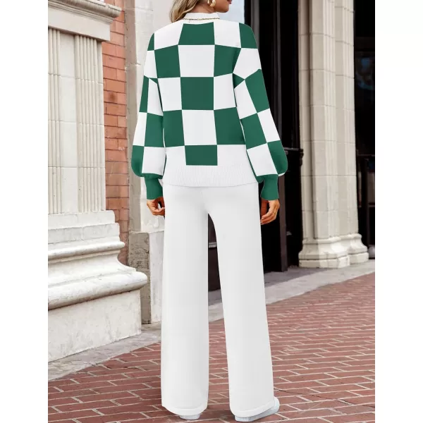 imageZESICA Womens 2 Piece Outfits Sweater Set Long Sleeve Mock Neck Knit Pullover and Wide Leg Pants Lounge Sets SweatsuitGreenplaid