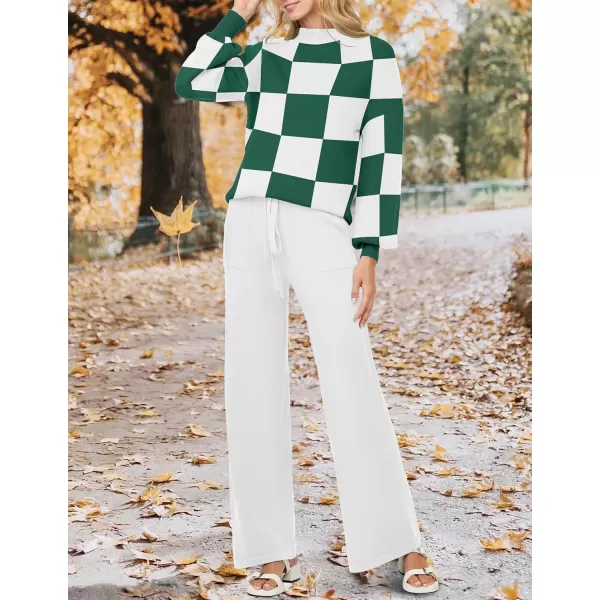 imageZESICA Womens 2 Piece Outfits Sweater Set Long Sleeve Mock Neck Knit Pullover and Wide Leg Pants Lounge Sets SweatsuitGreenplaid
