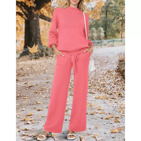 imageZESICA Womens 2 Piece Outfits Sweater Set Long Sleeve Mock Neck Knit Pullover and Wide Leg Pants Lounge Sets SweatsuitHotpink