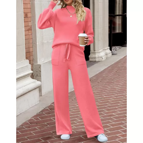 imageZESICA Womens 2 Piece Outfits Sweater Set Long Sleeve Mock Neck Knit Pullover and Wide Leg Pants Lounge Sets SweatsuitHotpink
