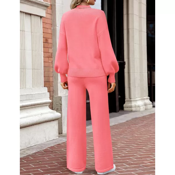 imageZESICA Womens 2 Piece Outfits Sweater Set Long Sleeve Mock Neck Knit Pullover and Wide Leg Pants Lounge Sets SweatsuitHotpink