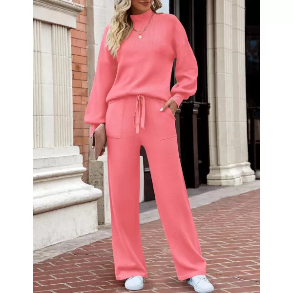 imageZESICA Womens 2 Piece Outfits Sweater Set Long Sleeve Mock Neck Knit Pullover and Wide Leg Pants Lounge Sets SweatsuitHotpink