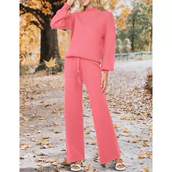 imageZESICA Womens 2 Piece Outfits Sweater Set Long Sleeve Mock Neck Knit Pullover and Wide Leg Pants Lounge Sets SweatsuitHotpink