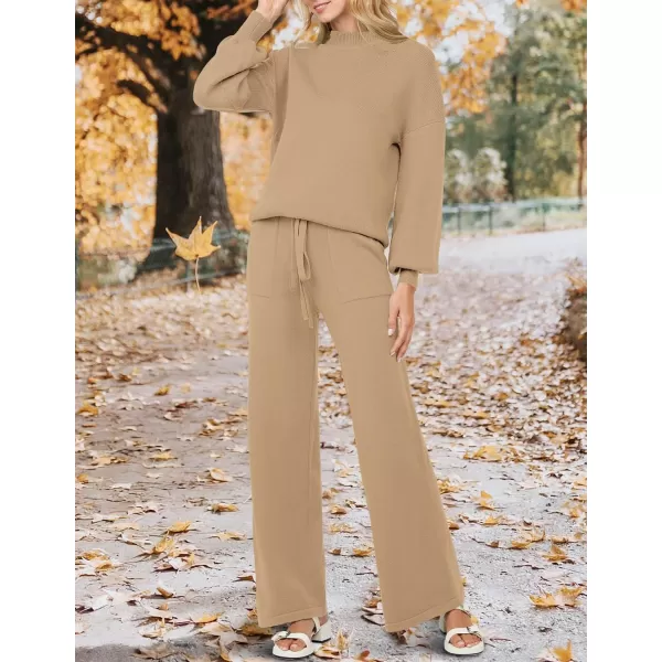 imageZESICA Womens 2 Piece Outfits Sweater Set Long Sleeve Mock Neck Knit Pullover and Wide Leg Pants Lounge Sets SweatsuitKhaki