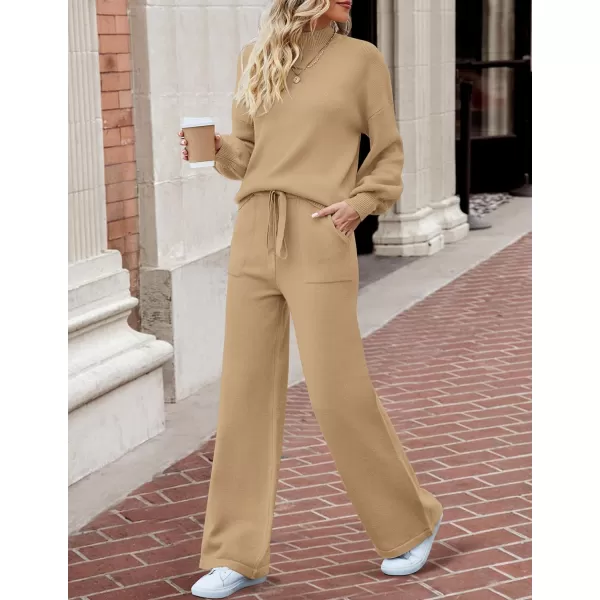 imageZESICA Womens 2 Piece Outfits Sweater Set Long Sleeve Mock Neck Knit Pullover and Wide Leg Pants Lounge Sets SweatsuitKhaki