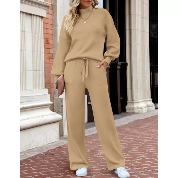 imageZESICA Womens 2 Piece Outfits Sweater Set Long Sleeve Mock Neck Knit Pullover and Wide Leg Pants Lounge Sets SweatsuitKhaki
