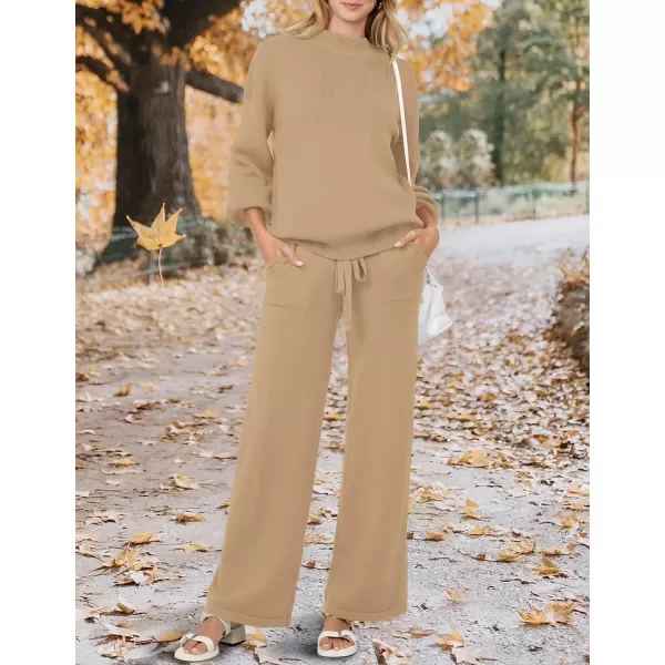 imageZESICA Womens 2 Piece Outfits Sweater Set Long Sleeve Mock Neck Knit Pullover and Wide Leg Pants Lounge Sets SweatsuitKhaki