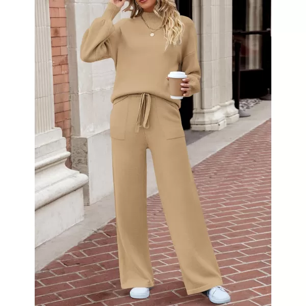 imageZESICA Womens 2 Piece Outfits Sweater Set Long Sleeve Mock Neck Knit Pullover and Wide Leg Pants Lounge Sets SweatsuitKhaki