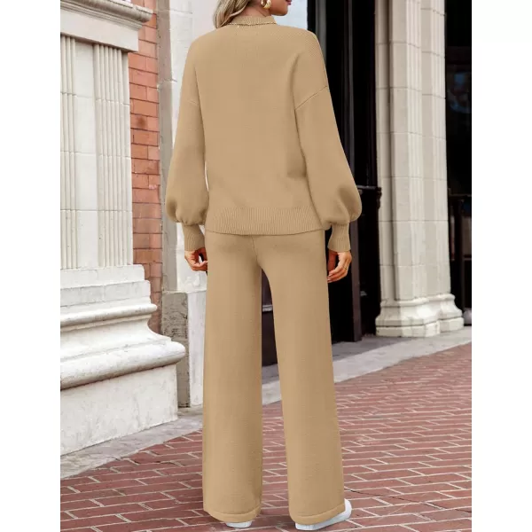 imageZESICA Womens 2 Piece Outfits Sweater Set Long Sleeve Mock Neck Knit Pullover and Wide Leg Pants Lounge Sets SweatsuitKhaki