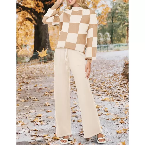 imageZESICA Womens 2 Piece Outfits Sweater Set Long Sleeve Mock Neck Knit Pullover and Wide Leg Pants Lounge Sets SweatsuitKhakiplaid