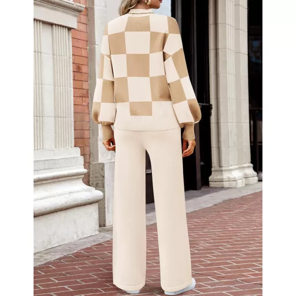 imageZESICA Womens 2 Piece Outfits Sweater Set Long Sleeve Mock Neck Knit Pullover and Wide Leg Pants Lounge Sets SweatsuitKhakiplaid