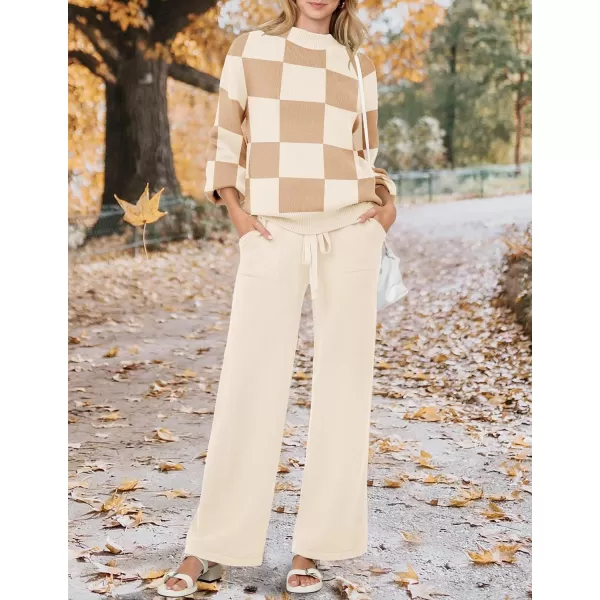 imageZESICA Womens 2 Piece Outfits Sweater Set Long Sleeve Mock Neck Knit Pullover and Wide Leg Pants Lounge Sets SweatsuitKhakiplaid