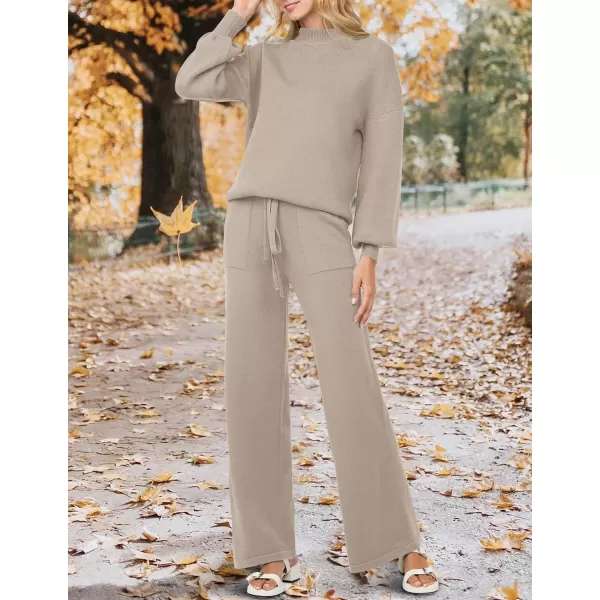 imageZESICA Womens 2 Piece Outfits Sweater Set Long Sleeve Mock Neck Knit Pullover and Wide Leg Pants Lounge Sets SweatsuitOatmeal