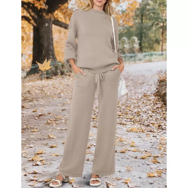 imageZESICA Womens 2 Piece Outfits Sweater Set Long Sleeve Mock Neck Knit Pullover and Wide Leg Pants Lounge Sets SweatsuitOatmeal