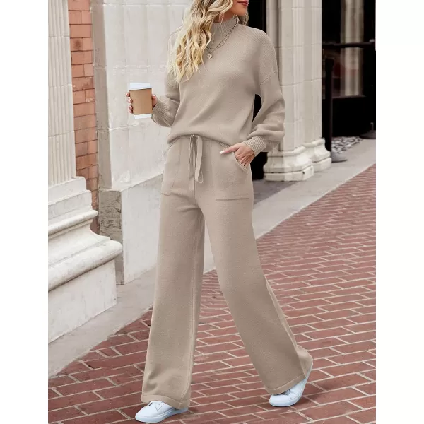 imageZESICA Womens 2 Piece Outfits Sweater Set Long Sleeve Mock Neck Knit Pullover and Wide Leg Pants Lounge Sets SweatsuitOatmeal