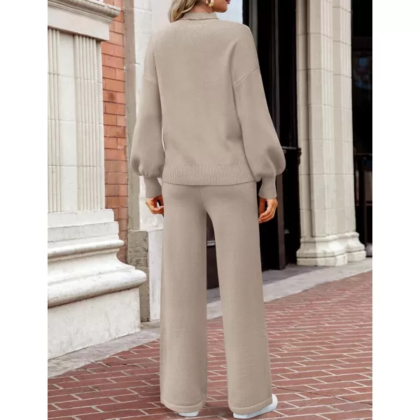 imageZESICA Womens 2 Piece Outfits Sweater Set Long Sleeve Mock Neck Knit Pullover and Wide Leg Pants Lounge Sets SweatsuitOatmeal