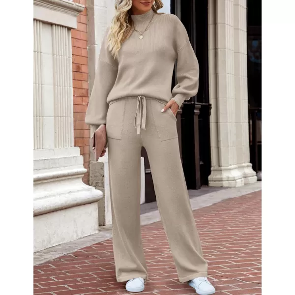 imageZESICA Womens 2 Piece Outfits Sweater Set Long Sleeve Mock Neck Knit Pullover and Wide Leg Pants Lounge Sets SweatsuitOatmeal