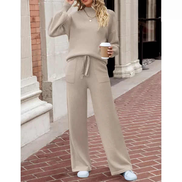 imageZESICA Womens 2 Piece Outfits Sweater Set Long Sleeve Mock Neck Knit Pullover and Wide Leg Pants Lounge Sets SweatsuitOatmeal