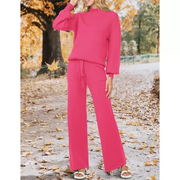 imageZESICA Womens 2 Piece Outfits Sweater Set Long Sleeve Mock Neck Knit Pullover and Wide Leg Pants Lounge Sets SweatsuitRose
