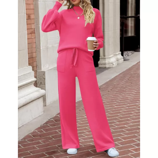 imageZESICA Womens 2 Piece Outfits Sweater Set Long Sleeve Mock Neck Knit Pullover and Wide Leg Pants Lounge Sets SweatsuitRose