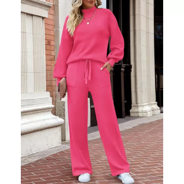 imageZESICA Womens 2 Piece Outfits Sweater Set Long Sleeve Mock Neck Knit Pullover and Wide Leg Pants Lounge Sets SweatsuitRose
