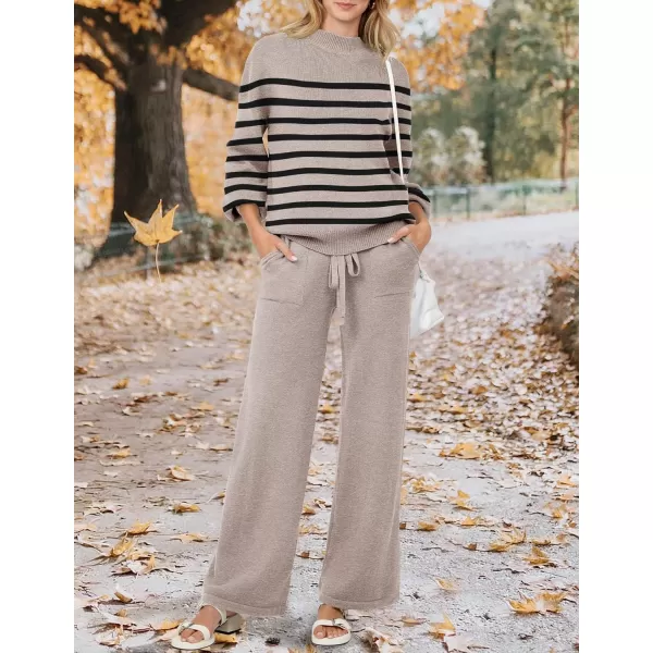 imageZESICA Womens 2 Piece Outfits Sweater Set Long Sleeve Mock Neck Knit Pullover and Wide Leg Pants Lounge Sets SweatsuitSand