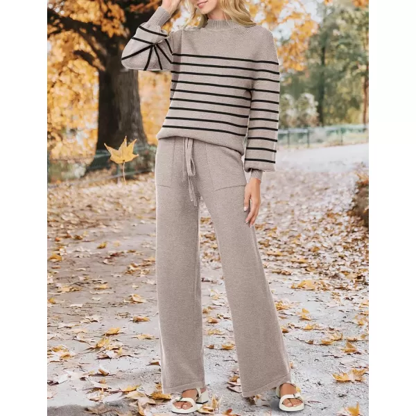 imageZESICA Womens 2 Piece Outfits Sweater Set Long Sleeve Mock Neck Knit Pullover and Wide Leg Pants Lounge Sets SweatsuitSand