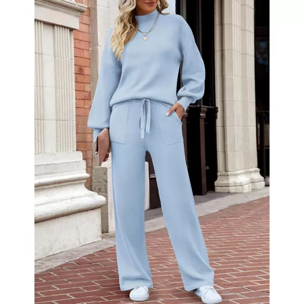 imageZESICA Womens 2 Piece Outfits Sweater Set Long Sleeve Mock Neck Knit Pullover and Wide Leg Pants Lounge Sets SweatsuitSky