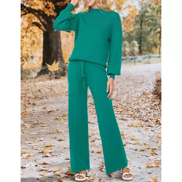 imageZESICA Womens 2 Piece Outfits Sweater Set Long Sleeve Mock Neck Knit Pullover and Wide Leg Pants Lounge Sets SweatsuitTealgreen