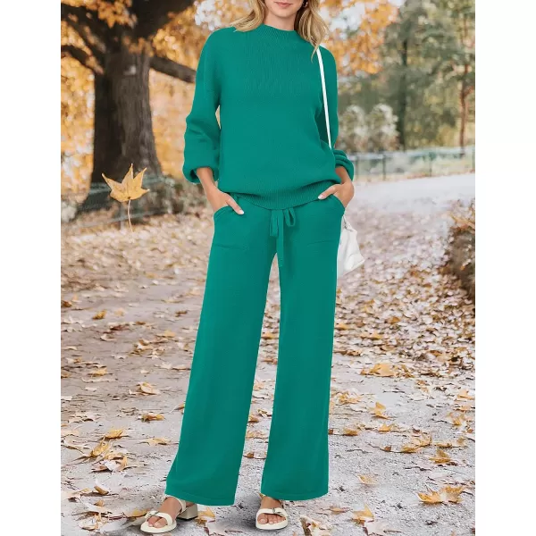 imageZESICA Womens 2 Piece Outfits Sweater Set Long Sleeve Mock Neck Knit Pullover and Wide Leg Pants Lounge Sets SweatsuitTealgreen